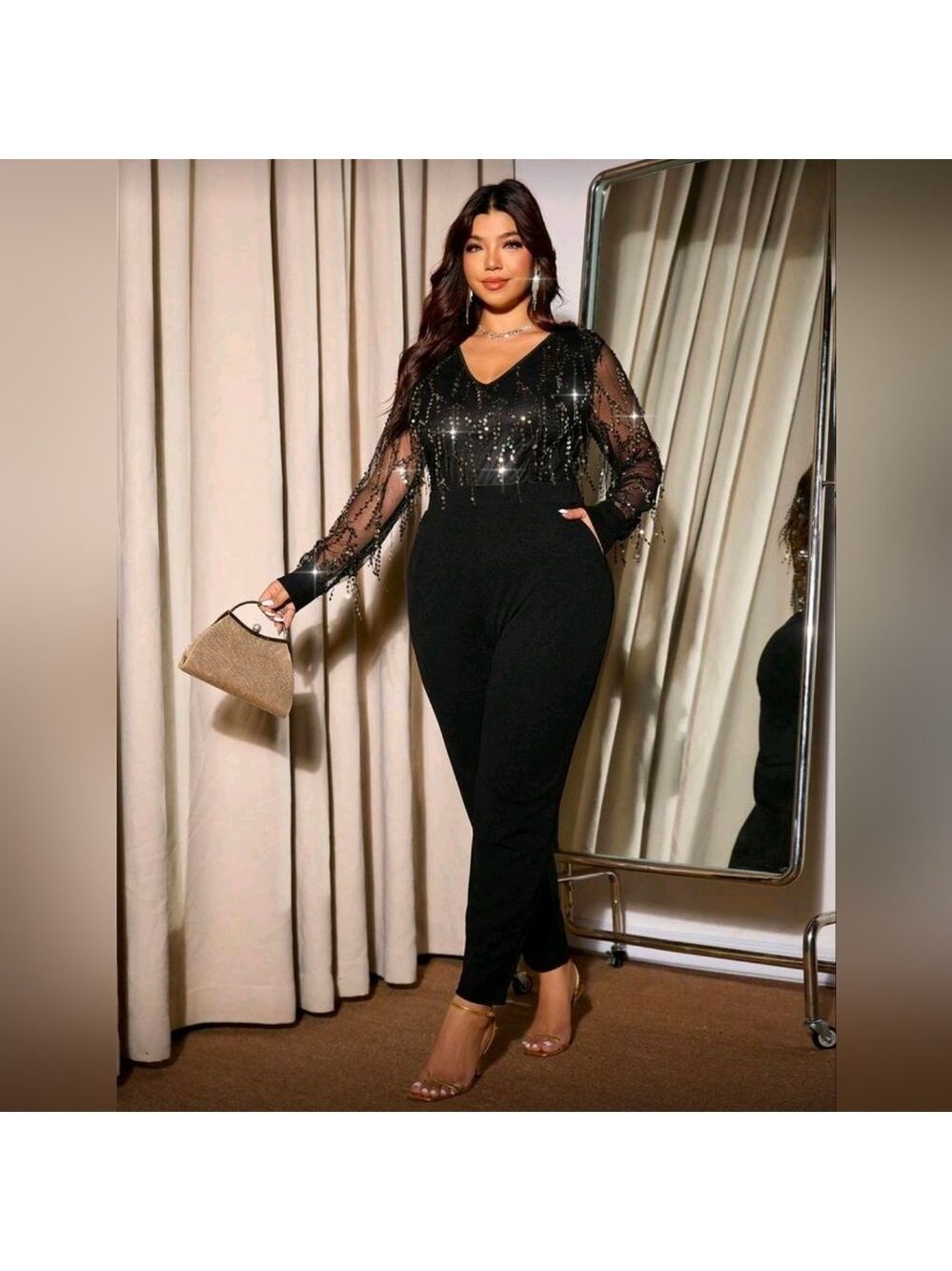 16W  Black  Gold Sequin Jumpsuit FREE Earrings